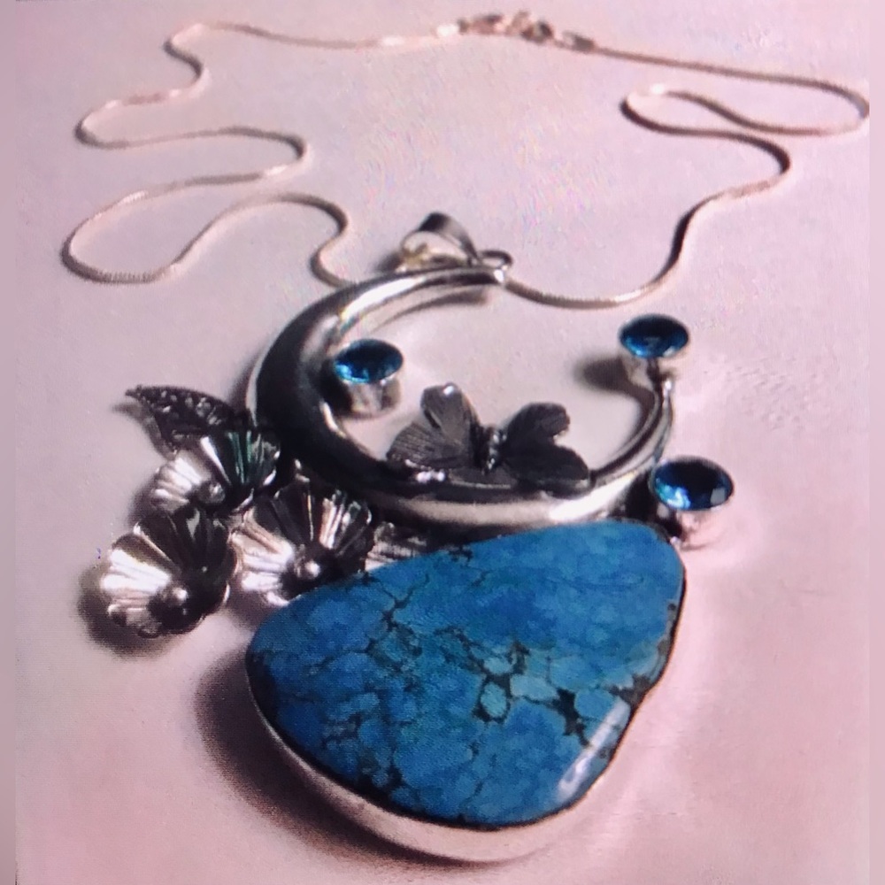 Turquoise Blue Topaz Stamped 925 Sterling Silver Necklace - Picture 2 of 2